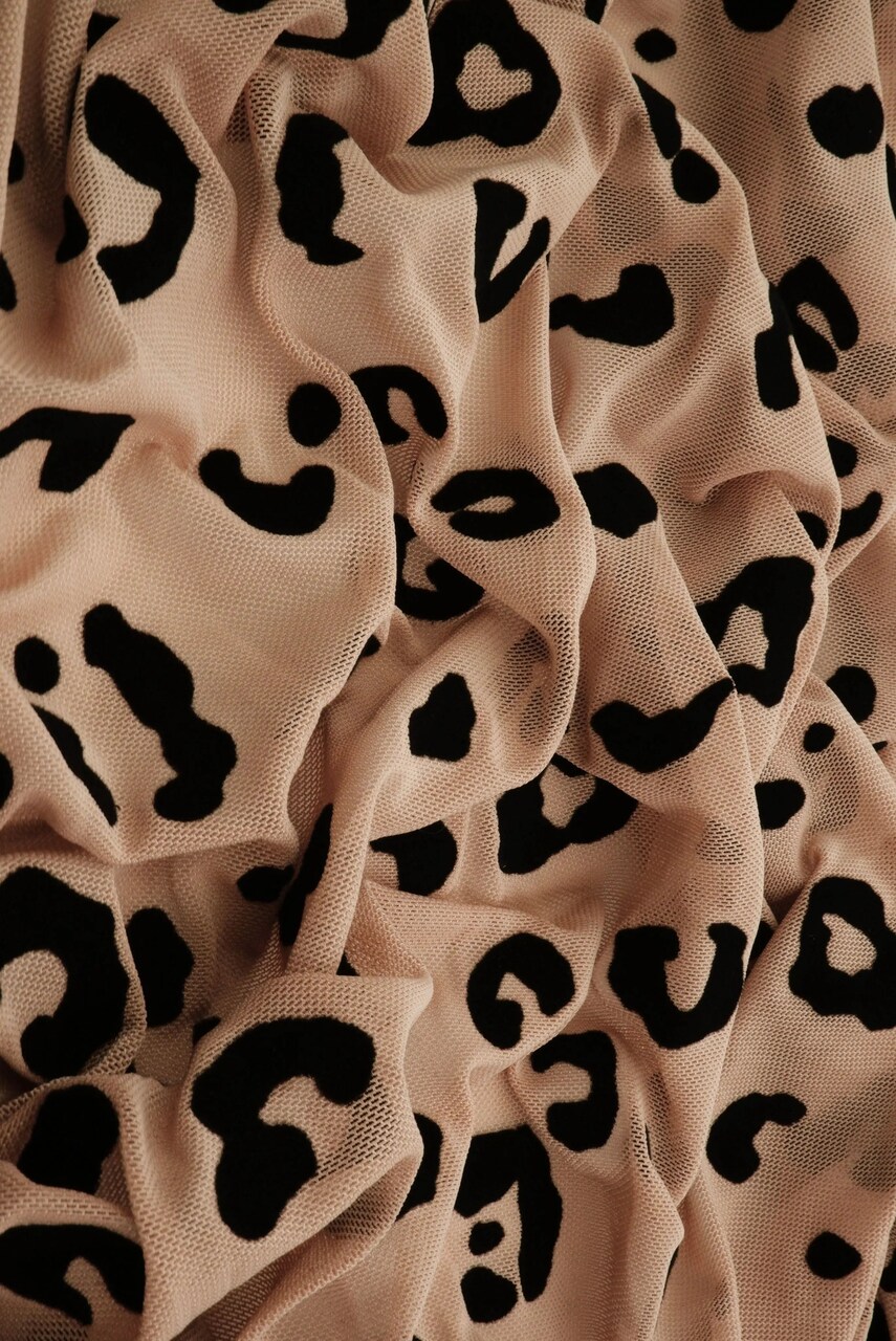 1 Yard Polyester Spandex 100 GSM Mesh Fabric, Leopard Flocking Soft Stretch Sheer 56/57" Width